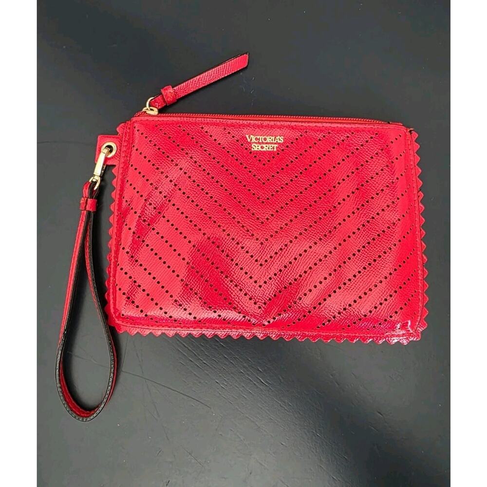 Victorias Secret Wristlet Red Clutch Purse With Closure Chevron Dot Pattern‎